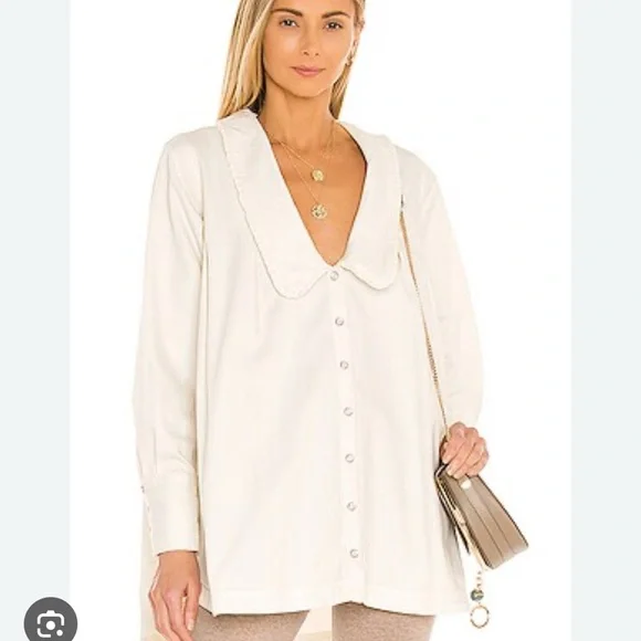 Free People Cotton Cream Denim Dress with pearl snap Detail oversized jacket. - Picture 9 of 12